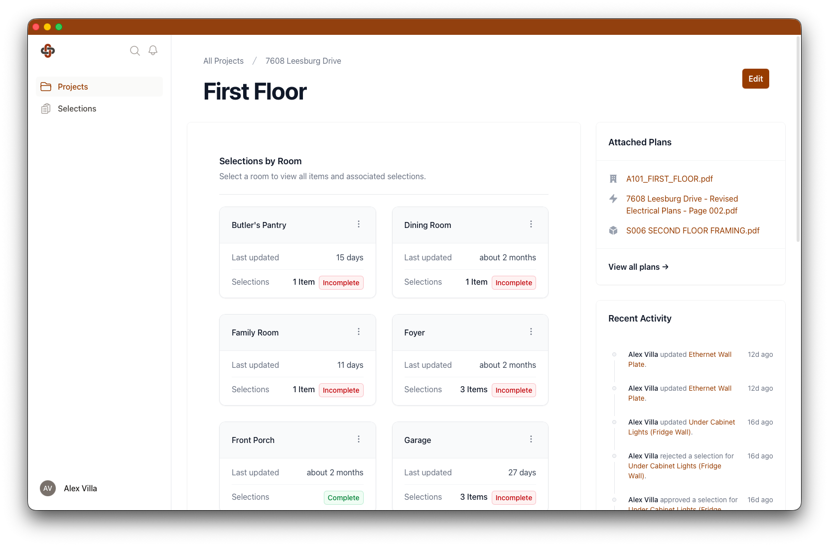 Side-by-side view of an uploaded floor plan PDF and the auto-generated project structure with rooms organized in a sidebar