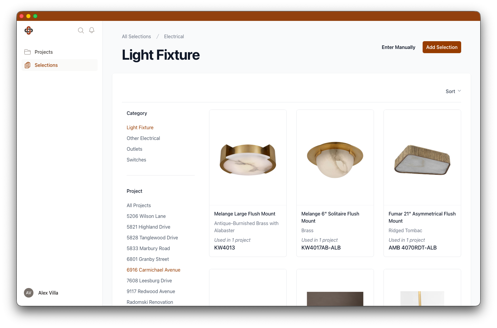 Selections library page showing a grid of product cards with images, brand names, and prices, filtered by category in a sidebar